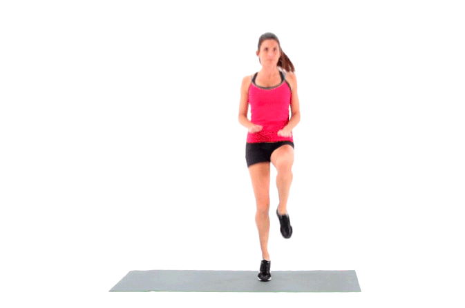 women performing high knee run exercise gif
