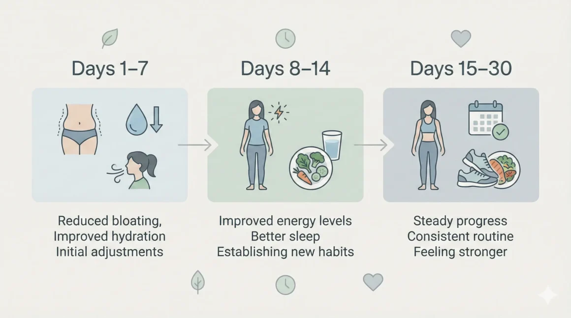 Timeline showing common weight loss phases over the first 30 days