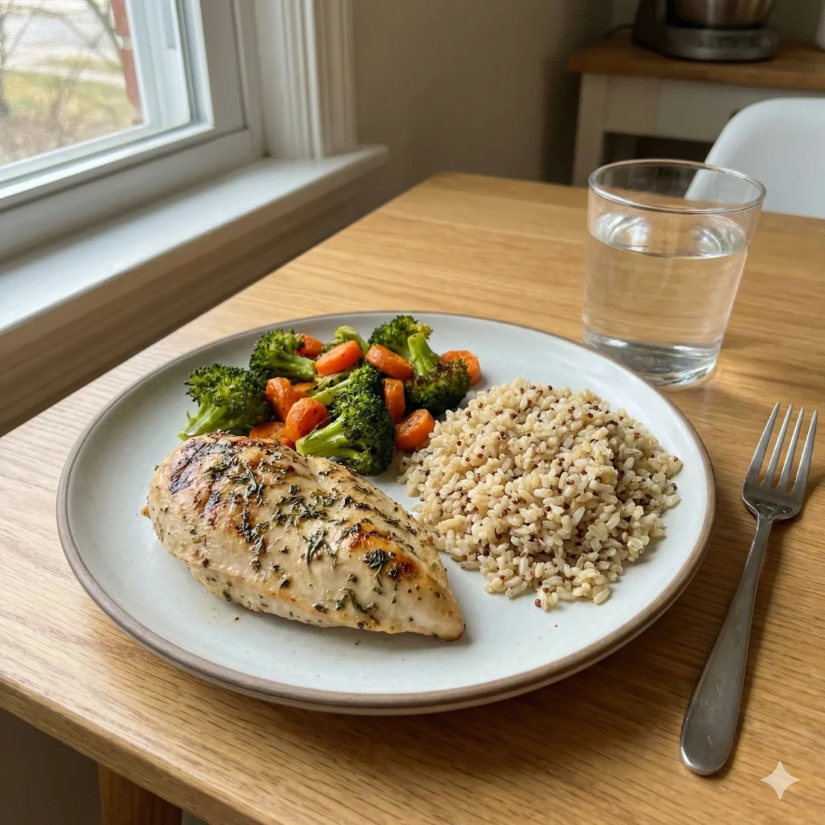 Balanced meal with protein, vegetables, and healthy carbohydrates