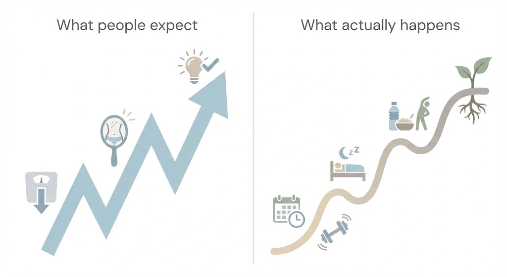 Comparison illustration showing the difference between expected rapid muscle gains and the slower, gradual progress that typically occurs during consistent bulking.