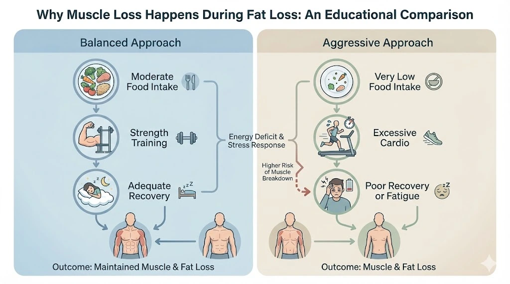 Visual comparison of balanced fat loss versus aggressive dieting and muscle loss